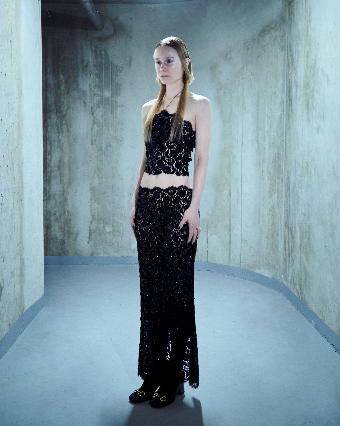 Sequin-embroidered lace skirt